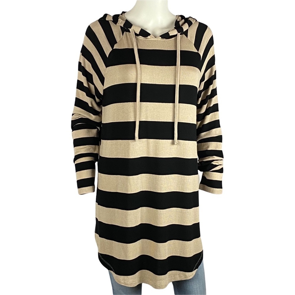 DOE & RAE Striped Tunic Length Hoodie L